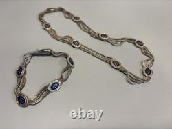 Vintage Turkish Sterling Silver Silver Blue Enamel 4 Strand Necklace & Bracelet