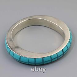 Vintage Turquoise Art Glass + Enamel Plaid Sterling Silver Bangle Heavy Bracelet