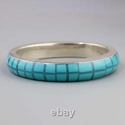 Vintage Turquoise Art Glass + Enamel Plaid Sterling Silver Bangle Heavy Bracelet