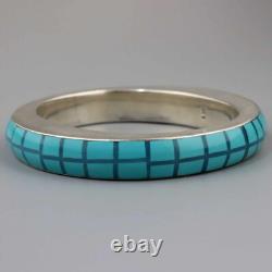 Vintage Turquoise Art Glass + Enamel Plaid Sterling Silver Bangle Heavy Bracelet