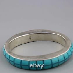 Vintage Turquoise Art Glass + Enamel Plaid Sterling Silver Bangle Heavy Bracelet