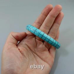 Vintage Turquoise Art Glass + Enamel Plaid Sterling Silver Bangle Heavy Bracelet
