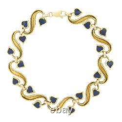 Vintage Unoaerre 18K Gold Inlaid Blue Enamel & Twisted Wire Floral Link Bracelet