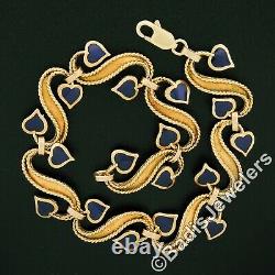 Vintage Unoaerre 18K Gold Inlaid Blue Enamel & Twisted Wire Floral Link Bracelet