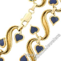 Vintage Unoaerre 18K Gold Inlaid Blue Enamel & Twisted Wire Floral Link Bracelet