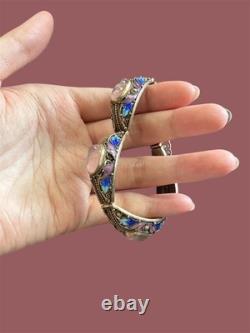 Vintage Vermeil Silver Chinese Export Peking Style Bracelet Rose Quartz Filigree