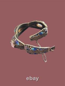 Vintage Vermeil Silver Chinese Export Peking Style Bracelet Rose Quartz Filigree