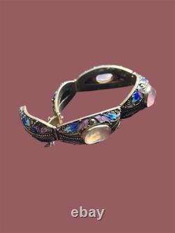 Vintage Vermeil Silver Chinese Export Peking Style Bracelet Rose Quartz Filigree