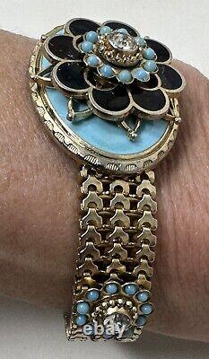 Vintage Victorian Style Mesh Enamel Turquoise Rhinestone Bracelet