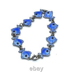 Vintage Volmer Bahner Sterling Silver Blue Enamel Fish Link Bracelet A9