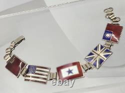 Vintage WWII Sweetheart Enamel Allied Flags Sterling Silver Panel Bracelet 7in