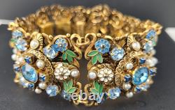 Vintage West German Filigree Enamel Rhinestone Panel Bracelet STUNNING READ