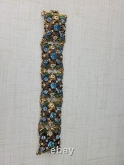 Vintage West German Filigree Enamel Rhinestone Panel Bracelet STUNNING READ