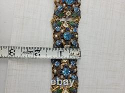 Vintage West German Filigree Enamel Rhinestone Panel Bracelet STUNNING READ
