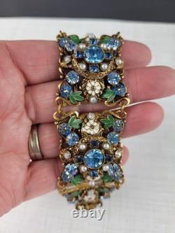 Vintage West German Filigree Enamel Rhinestone Panel Bracelet STUNNING READ