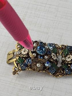 Vintage West German Filigree Enamel Rhinestone Panel Bracelet STUNNING READ 7