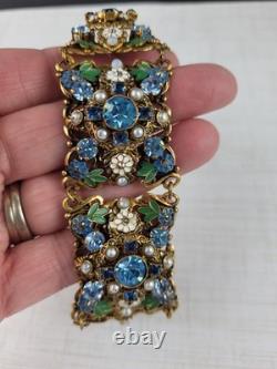 Vintage West German Filigree Enamel Rhinestone Panel Bracelet STUNNING READ 7