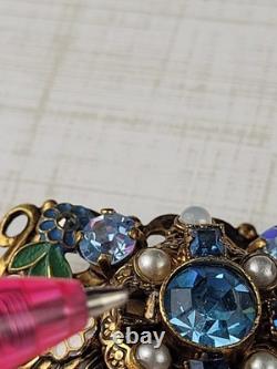 Vintage West German Filigree Enamel Rhinestone Panel Bracelet STUNNING READ 7