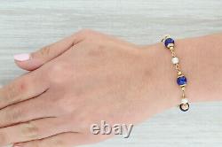 Vintage White Pearl Blue Enamel Bead Bracelet 18k Yellow Gold 7 Chain
