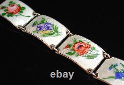 Vintage big! 925 SILVER GILT Norway enamel pink blue white flower bracelet -1807