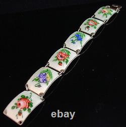 Vintage big! 925 SILVER GILT Norway enamel pink blue white flower bracelet -1807