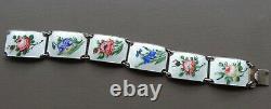 Vintage big! 925 SILVER GILT Norway enamel pink blue white flower bracelet -1807