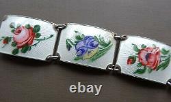 Vintage big! 925 SILVER GILT Norway enamel pink blue white flower bracelet -1807