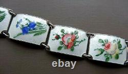 Vintage big! 925 SILVER GILT Norway enamel pink blue white flower bracelet -1807