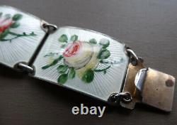 Vintage big! 925 SILVER GILT Norway enamel pink blue white flower bracelet -1807