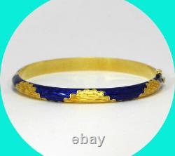 Vintage blue & yellow guilloche enamel bangle bracelet 18K YG 20.9 GM