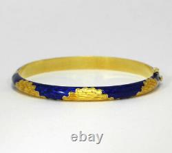 Vintage blue & yellow guilloche enamel bangle bracelet 18K YG 20.9 GM