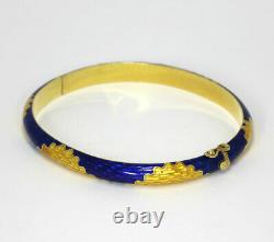 Vintage blue & yellow guilloche enamel bangle bracelet 18K YG 20.9 GM