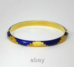 Vintage blue & yellow guilloche enamel bangle bracelet 18K YG 20.9 GM