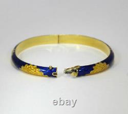 Vintage blue & yellow guilloche enamel bangle bracelet 18K YG 20.9 GM