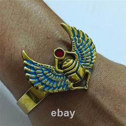 Vintage brass Egyptian scarab bracelet with blue wings & red enamel gem Unique