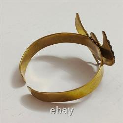 Vintage brass Egyptian scarab bracelet with blue wings & red enamel gem Unique