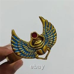 Vintage brass Egyptian scarab bracelet with blue wings & red enamel gem Unique