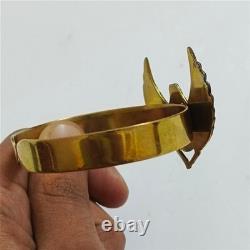 Vintage brass Egyptian scarab bracelet with blue wings & red enamel gem Unique