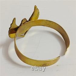 Vintage brass Egyptian scarab bracelet with blue wings & red enamel gem Unique