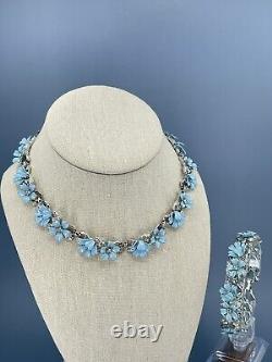 Vintage crown trifari necklace bracelet set fleurette blue enamel daisies 16
