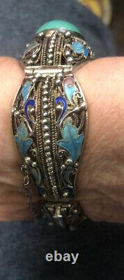 Vintage sterling Silver turquoise and enamel bracelet 5.5 wrist 35 grams