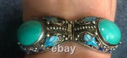 Vintage sterling Silver turquoise and enamel bracelet 5.5 wrist 35 grams