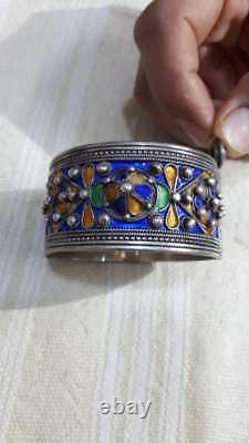 Vintege Silver Moroccan Berber Cobalt Blue Enamel Ethnic Tribal Floral Bangle