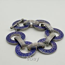 Vntg Sterling Uno A Erre Blue Enamel Open Circle Greek Key Bracelet 62gr JCS