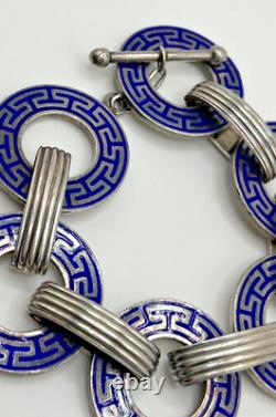 Vntg Sterling Uno A Erre Blue Enamel Open Circle Greek Key Bracelet 62gr JCS