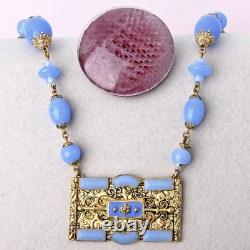 Vtg 1930s Art Deco Signed Czech Chalcedony Blue Glass Enamel Bracelet