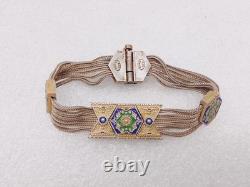 Vtg 925 Sterling Silver Blue Green Enamel 6 Foxtail Strand Turkish Bracelet Sz 7