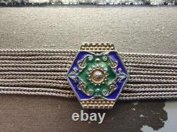 Vtg 925 Sterling Silver Blue Green Enamel 6 Foxtail Strand Turkish Bracelet Sz 7