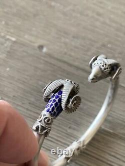 Vtg 925 Sterling Silver Double Head Ram With Blue Enameled Hinged Bracelet