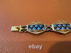 Vtg Antique 800 Silver Filigree Design Blue Enamel Bracelet with Gold Wash